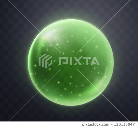 Green magic fantasy sphere. Crystal ball with glowing sparkles and particles. Energy orb with glow flare light effect. Isolated on transparent background. Vector illustration. Green magic fantasy sphere. Crystal ball with glowing sparkles and particles. Energy orb with glow flare light effect. Isolated on transparent background. Vector illustration. 120133047