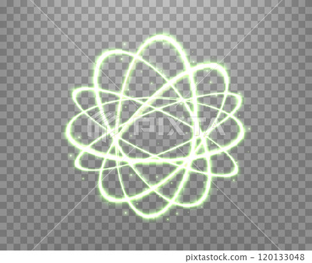 Atom particle, light effect glowing green magic rings. Neon realistic energy swirl. Abstract light effect on a transparent background. Vector illustration. Atom particle, light effect glowing green magic rings. Neon realistic energy swirl. Abstract light effect on a transparent background. Vector illustration. 120133048