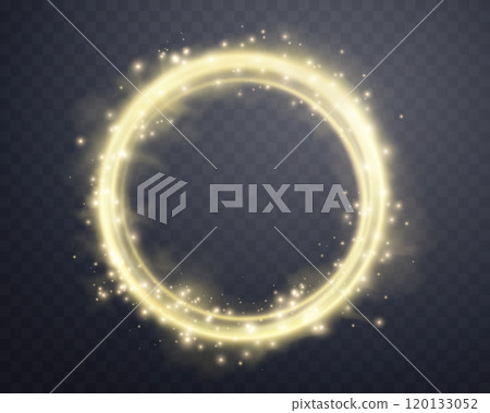 Gold magic glowing ring with smoke. Neon realistic energy flare halo ring. Abstract light effect on a dark transparent background. Vector illustration. Gold magic glowing ring with smoke. Neon realistic energy flare halo ring. Abstract light effect on a dark transparent background. Vector illustration. 120133052