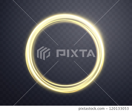 Gold magic glowing ring with smoke. Neon realistic energy flare halo ring. Abstract light effect on a dark transparent background. Vector illustration. Gold magic glowing ring with smoke. Neon realistic energy flare halo ring. Abstract light effect on a dark transparent background. Vector illustration. 120133053