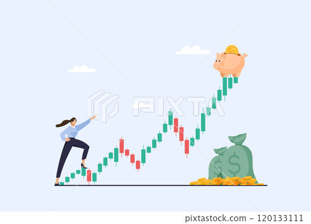 Businesswoman sees goal with growing income graph, investment bull market concept, trading income and work, stock market, business development. Flat vector illustration. 120133111