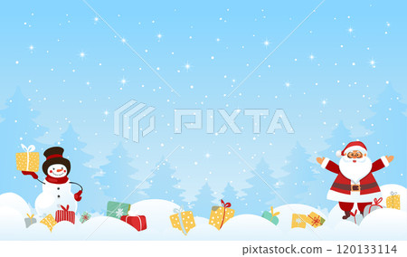 Christmas background with place for text, winter forest with gifts in snow, funny Santa Claus and snowman, flat cartoon seasonal vector. 120133114