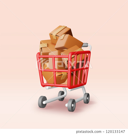 3D shopping cart full of cardboard boxes isolated 120133147