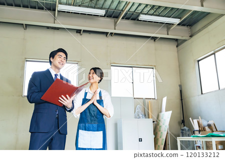 一名經營商店的女士和一名檢查二手房的推銷員 一名經營商店的女士和一名檢查二手房的推銷員 120133212