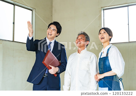 A parent and child store manager and a salesman looking at a used property A parent and child store manager and a salesman looking at a used property 120133222