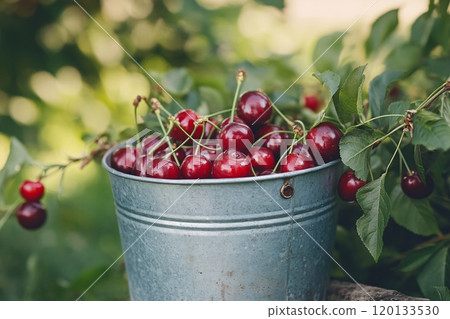 A metal bucket filled with freshly harvested cherries evokes a rustic feel 120133530