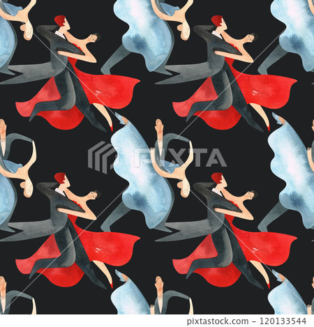 Ballroom dancing, standard. Adult couples on the parquet. Isolated watercolor illustration. Seamless pattern. Black background 120133544