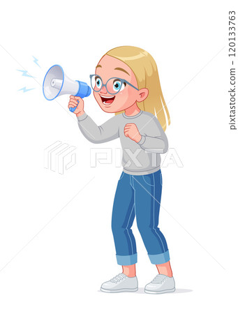 Cute little girl in glasses with a loudspeaker screaming excitedly. Cartoon vector illustration. Cute little girl in glasses with a loudspeaker screaming excitedly. Cartoon vector illustration. 120133763