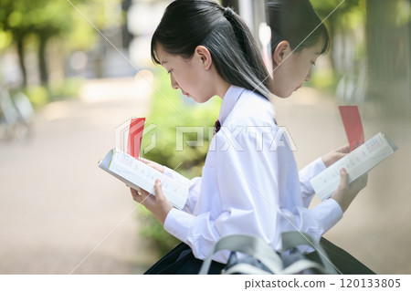 A female junior high school student reading a textbook at a bus stop 120133805