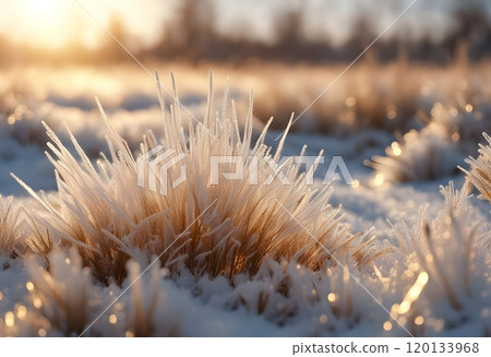 Frosty winter morning macro. Cold weather background concept. Frozen grass on the fields with copy space. Frosty winter morning macro. Cold weather background concept. Frozen grass on the fields with copy space. 120133968