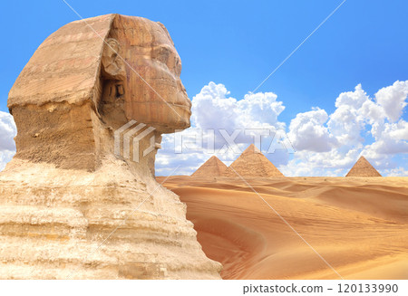 Famous Great Sphinx and pyramids of Chephren, Cheops, Menkaure, Cairo, Egypt. Great Pyramids and statue of Sphinx, mythical creature with head of man and body of lion, Giza complex (Giza Necropolis) Famous Great Sphinx and pyramids of Chephren, Cheops, Menkaure, Cairo, Egypt. Great Pyramids and statue of Sphinx, mythical creature with head of man and body of lion, Giza complex (Giza Necropolis) 120133990