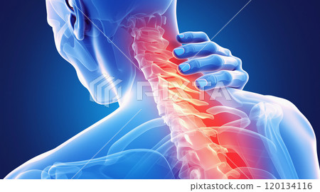 頸部疼痛的視覺表現:反映腰部疼痛和不適的圖像。 頸部疼痛的視覺表現:反映腰部疼痛和不適的圖像。 120134116