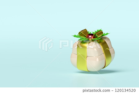 3d beige gift box with golden ribbon, Gold bow, holly berry leaves isolated on blue background. merry christmas and festive new year concept, 3d illustration render 120134520