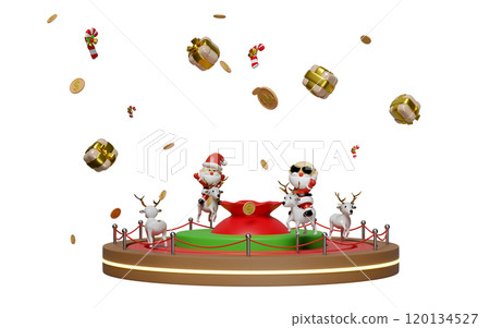 Carousel or merry go round with santa claus, reindeer, bag, coin, gift box, candy cane stick isolated. merry christmas and happy new year, 3d render illustration 120134527