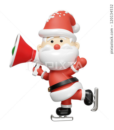 Santa Claus playing ice skating holding megaphone isolated. merry christmas, festive new year concept, 3d render illustration 120134532