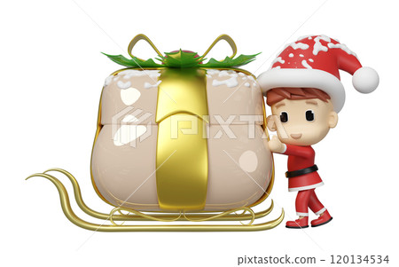 Santa Claus pushing sleigh with gift box isolated. merry christmas and festive new year concept, 3d illustration render Santa Claus pushing sleigh with gift box isolated. merry christmas and festive new year concept, 3d illustration render 120134534