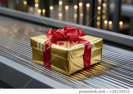 配送中心傳送帶上的金色禮物、傳送帶上的金色禮物盒和紅色絲帶 配送中心傳送帶上的金色禮物、傳送帶上的金色禮物盒和紅色絲帶 120134535