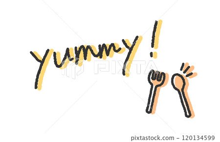 Handwritten illustration of "yummy" - Pen-style, graffiti-style font 120134599