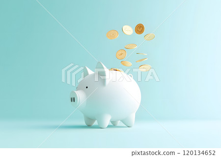 Coins falling into a piggy bank. Saving and money management 120134652
