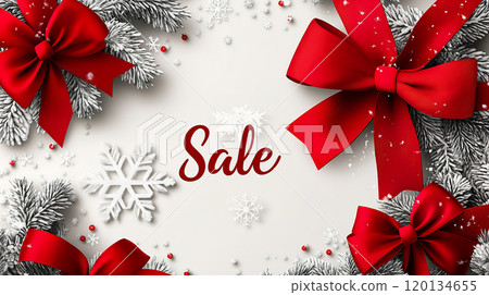 Festive holiday sale banner with red bows, snowflakes, and pine branches 120134655