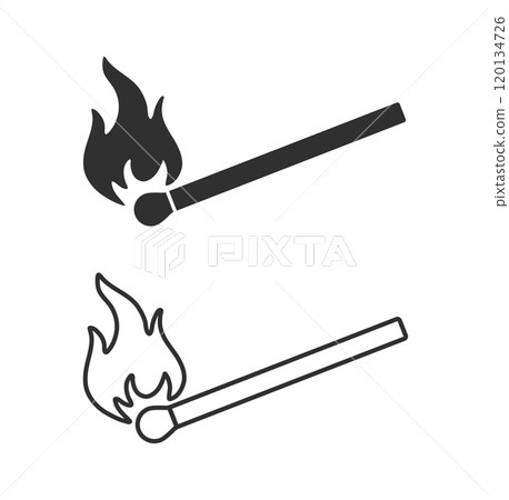 Burning match with fire icon symbol. Line art stroke. Match stick flame logo sign. Flammable, burn, ignite. Vector illustration. Isolated on white background. Burning match with fire icon symbol. Line art stroke. Match stick flame logo sign. Flammable, burn, ignite. Vector illustration. Isolated on white background. 120134726