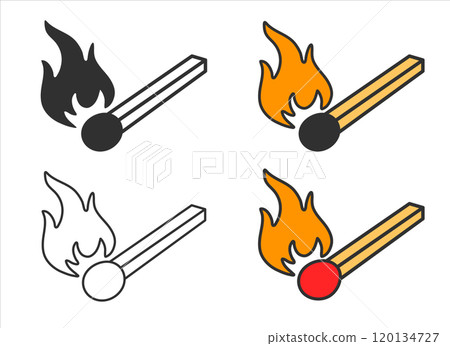 Burning match with fire icon symbol. Line art stroke. Match stick flame logo sign. Flammable, burn, ignite. Vector illustration. Isolated on white background. Burning match with fire icon symbol. Line art stroke. Match stick flame logo sign. Flammable, burn, ignite. Vector illustration. Isolated on white background. 120134727