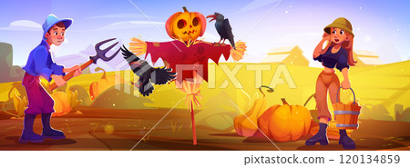 Cartoon farm landscape with farmers on field 120134859