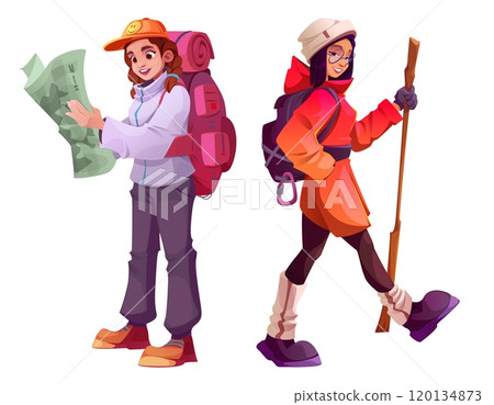 Female hikers isolated on white background 120134873