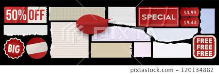 Torn paper pieces and red promotional stickers Torn paper pieces and red promotional stickers 120134882