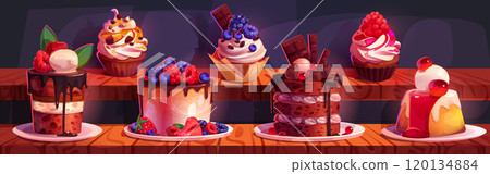 Cake on bakery counter in store. Cute cupcake Cake on bakery counter in store. Cute cupcake 120134884