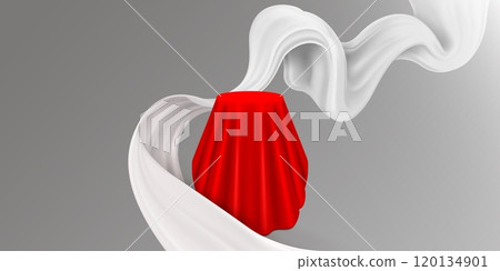 Pedestal draped with red curtain 120134901