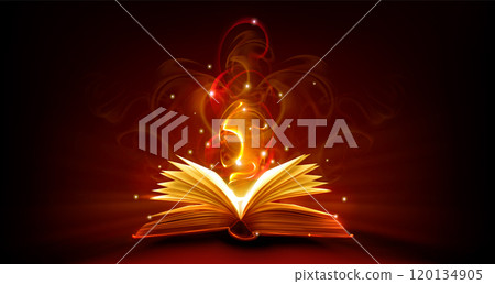 Open magic book with fire light. Fantasy bible Open magic book with fire light. Fantasy bible 120134905