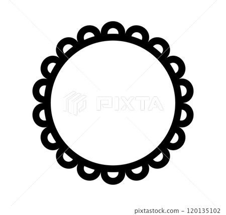 Scalloped edge circle frame. Simple round scalloped border. Fabric lace pattern frame. Repeat cute vintage frill ornament. Texture ribbon. Vector illustration isolated on white background. 120135102