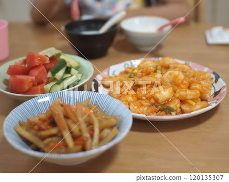 Chili shrimp, Kinpira, Salad Chili shrimp, Kinpira, Salad 120135307