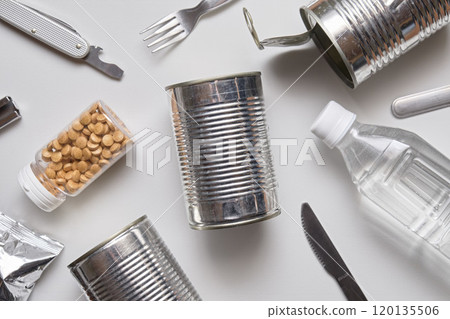 Canned food for emergency use on white background Canned food for emergency use on white background 120135506