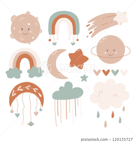 Set of cute boho baby objects in Scandinavian style. Boho style nursery decoration.Vector hand drawn boho clipart for nursery decoration with cute rainbows and moon, sun, cloud. Vector illustration Set of cute boho baby objects in Scandinavian style. Boho style nursery decoration.Vector hand drawn boho clipart for nursery decoration with cute rainbows and moon, sun, cloud. Vector illustration 120135727