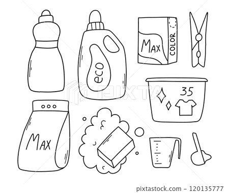 Set of laundry items in doodle style. Linear collection of laundry items. Vector illustration. Isolated elements on a white background. 120135777