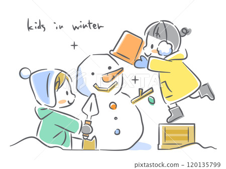 孩子們喜歡堆雪人，色彩繽紛、可愛的水彩風格插畫。 120135799