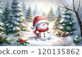 Cute Snowman in Christmas Hat in Snowy Forest. charming snowman in red Santa hat and scarf sits in forest surrounded by pine trees, berries, and pinecones. Festive winter scene in watercolor style. 120135862