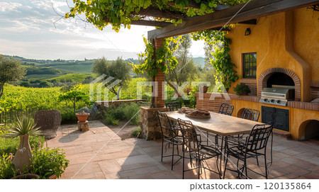 a tranquil afternoon in a rustic outdoor dining area surrounded by lush vineyards in a sunny, picturesque landscape a tranquil afternoon in a rustic outdoor dining area surrounded by lush vineyards in a sunny, picturesque landscape 120135864