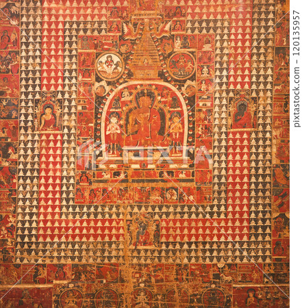 Tathagata Vairochana - One Of Five Dhyani Buddhas. Laksha-chaitya Pata Is Symbolic Offering Of One Hundred Thousand Chaityas -stupas- To God. Ritual Observed By Buddhist Devotees Which Involves 120135957