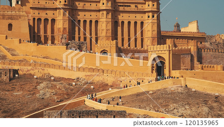 Jaipur, Rajasthan, India. Panoramic View Of Amber Fort And Maota Lake. Wall And Towers Of Amer Fort Or Amber Fort, Amer Situated On Forested Hill. Amer Palace Is Great Example Of Rajput Architecture 120135965