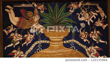 Amrita Kalasha -pot Of Nectar-. Pot Of Eternity Depicted In Painting Represents Puranic Story Of Garudas Victory Over Indra, King Of The Gods, And Restoration Of Amrit Kalasha. This Refers To full 120135968