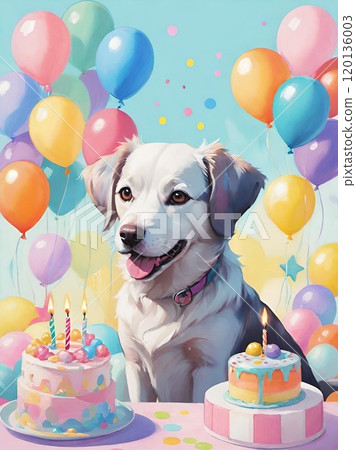 Labrador retriever celebrating with cake Labrador retriever celebrating with cake 120136003