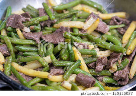 Stir Frying Beef with Green Yellow String Beans Closeup, Fried French Beans Mix with Meat, Asian Food Stir Frying Beef with Green Yellow String Beans Closeup, Fried French Beans Mix with Meat, Asian Food 120136027