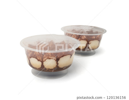 Tiramisu Cake Isolated, Coffee Dessert, Italian Tiramisu Biscuit with Mascarpone and Cocoa Powder 120136156