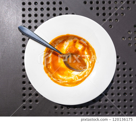 Food remains in plate, red leftovers, smeared sauce after lunch or dinner. Empty dirty plates, food waste Food remains in plate, red leftovers, smeared sauce after lunch or dinner. Empty dirty plates, food waste 120136175