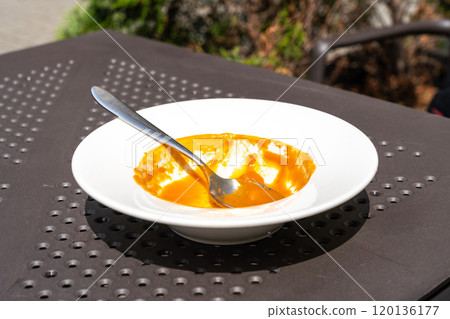 Food remains in plate, red leftovers, smeared sauce after lunch or dinner. Empty dirty plates, food waste Food remains in plate, red leftovers, smeared sauce after lunch or dinner. Empty dirty plates, food waste 120136177