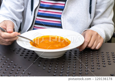 Creamy tomato soup or bisque with croutons, delicious rich smooth texture, perfect healthy lunch 120136178