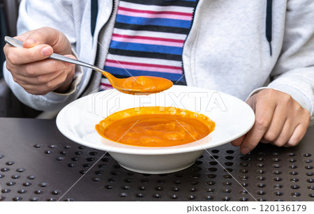 Creamy tomato soup or bisque with croutons, delicious rich smooth texture, perfect healthy lunch Creamy tomato soup or bisque with croutons, delicious rich smooth texture, perfect healthy lunch 120136179